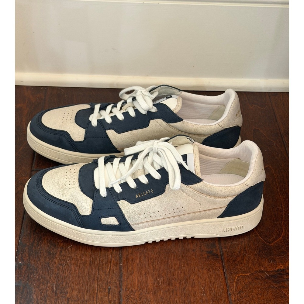 Axel Arigato Dice Lo Sneakers Mens 11 Cream Navy Blue Leather Low Top Trainers - Picture 2 of 14